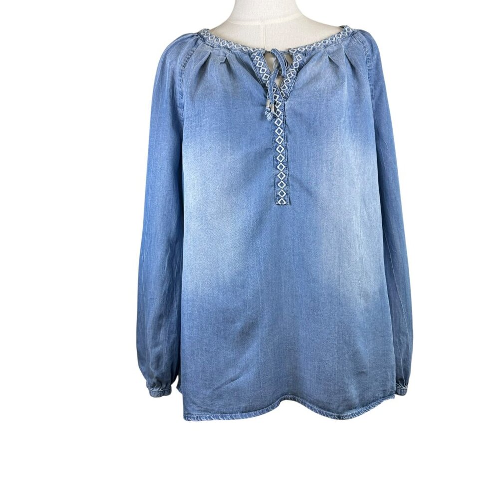 Vintage America Blues Top SZ:M Carmella Chambray Denim Embroidered Peasant Boho